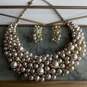 Women’s Pearl Bead Cluster Collar Necklace Earrings Set Ivory Vintage Crystals